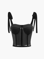 Black bustier top with sheer mesh panel and velvet straps, front view