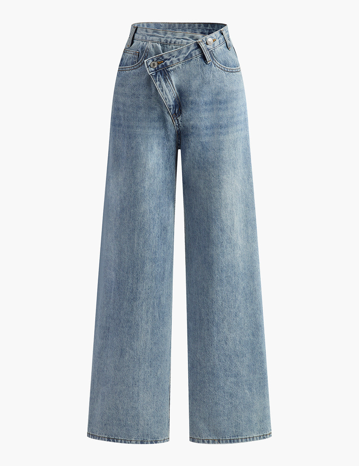 Asymmetrische jeans blauw licht denim front view