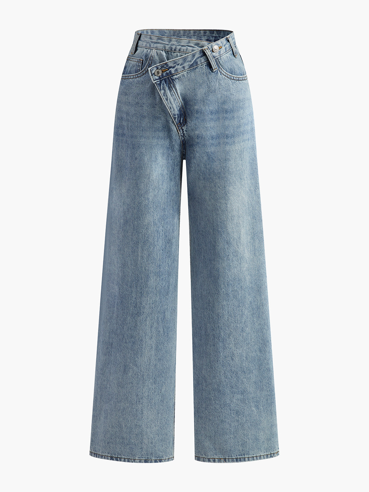 Asymmetrische jeans blauw licht denim front view