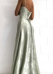 Evening dress light green floral pattern back view