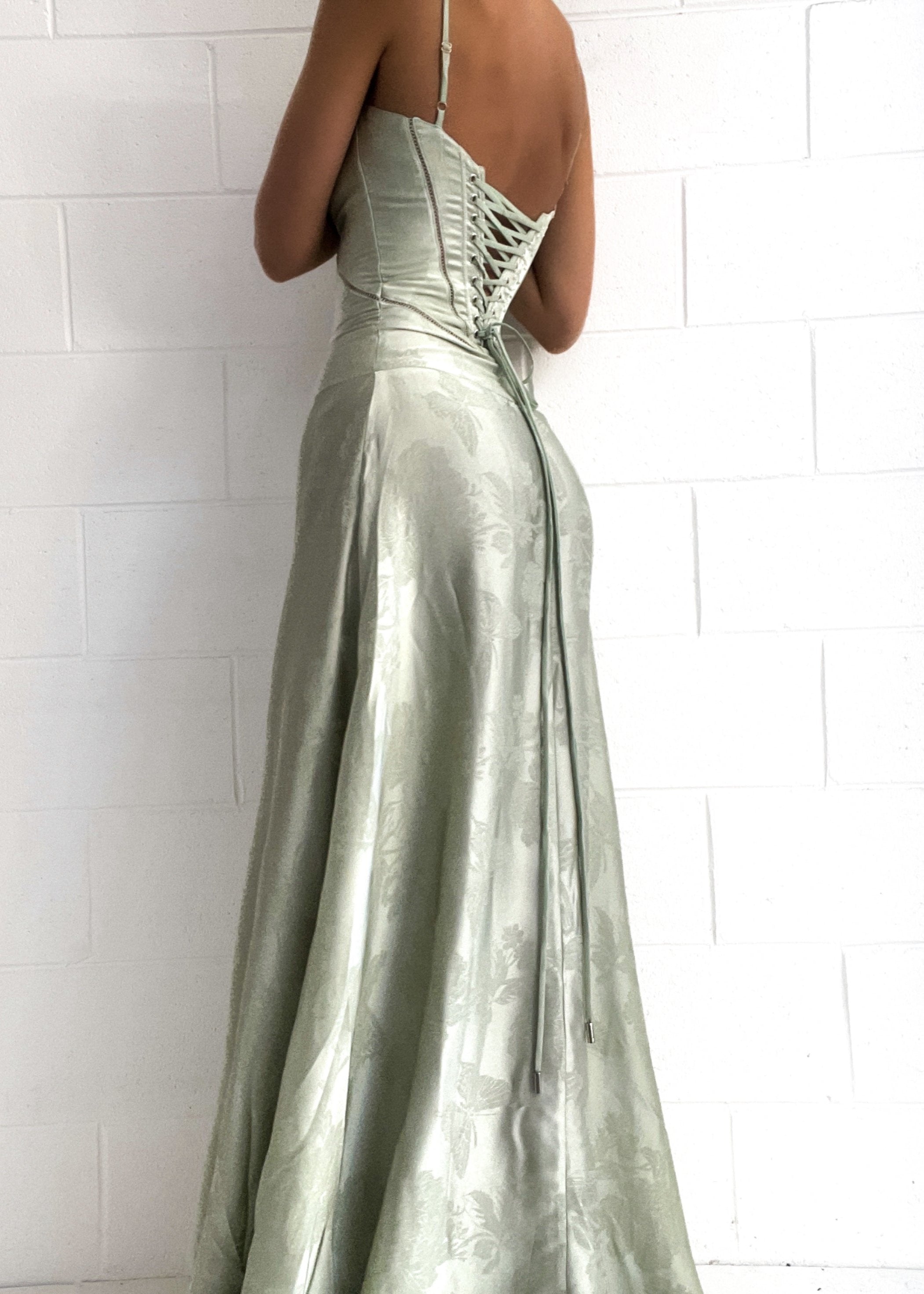 Evening dress light green floral pattern back view