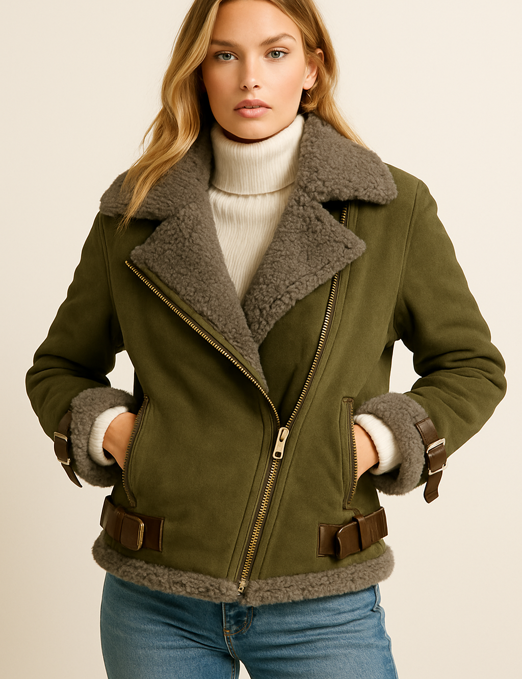 Vrouwelijke aviatorjas groen met shearling binnenzijde vooraanzicht