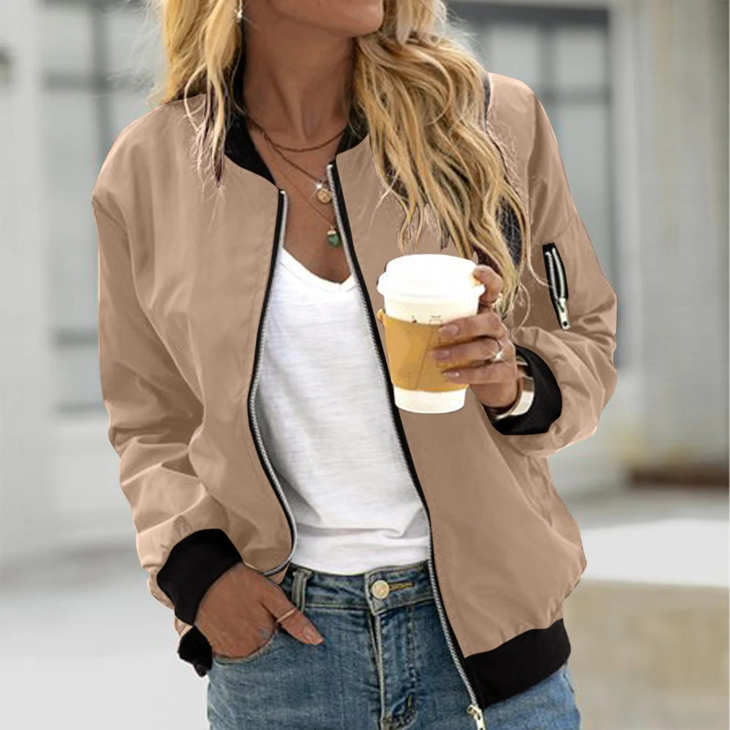 Khaki bomber jacket with black trim front view