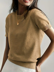 Knitted top beige short sleeves front view