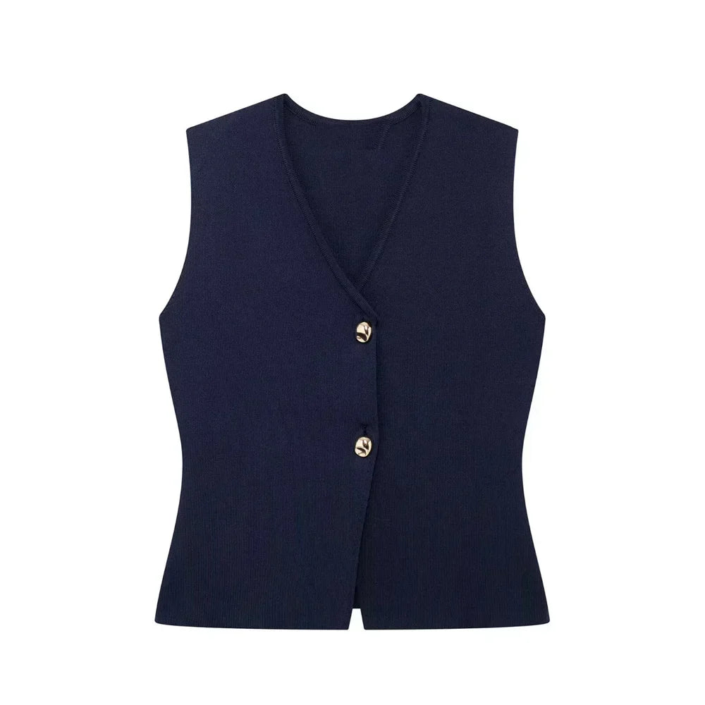 Mouwloze gilet top donkerblauw met gouden knopen front view