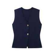 Mouwloze gilet top donkerblauw met gouden knopen front view