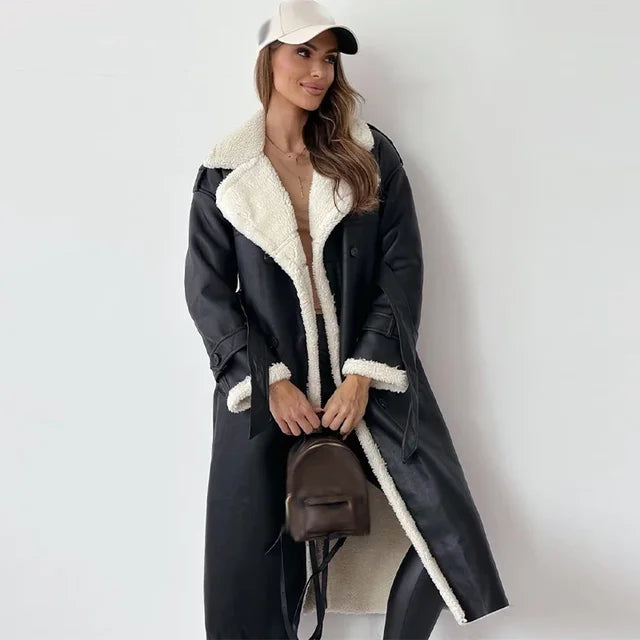 Winterjas dames zwart met witte bontkraag front view