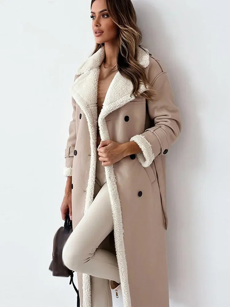 Winterjas dames beige met witte bontkraag en mouwen front view