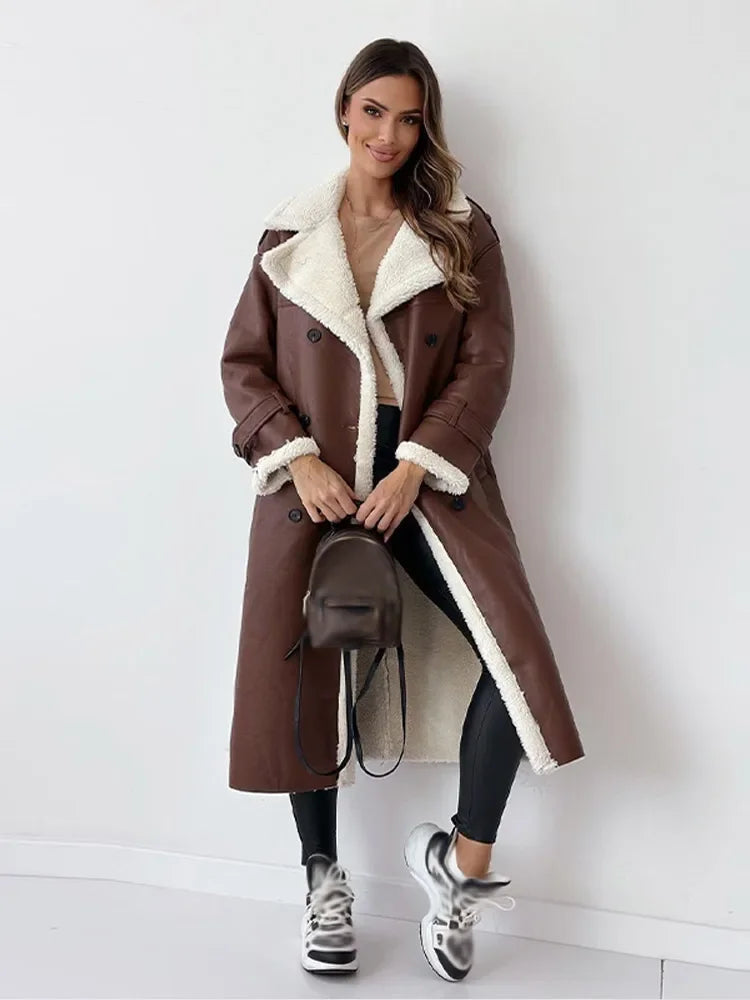 Winterjas bruin met witte bontbuste dames front view