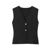 Mouwloze gilet top zwart met V-hals en gouden knopen vooraanzicht