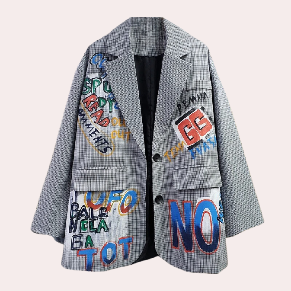 Gray checkered blazer with bold graphic patches front view