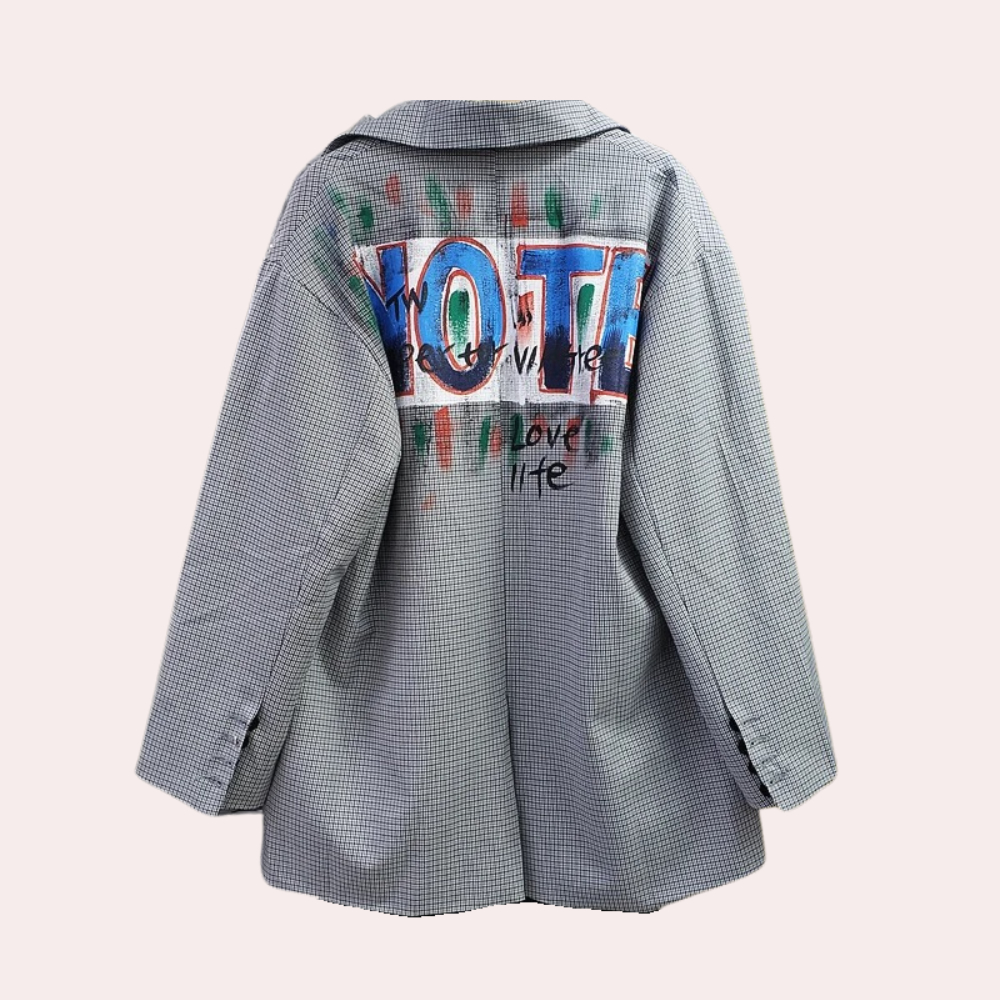 Gray blazer with vibrant text design on back view