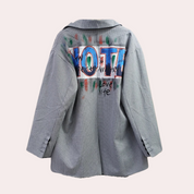 Gray blazer with vibrant text design on back view