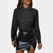 Black blouse with ruffle detail front view