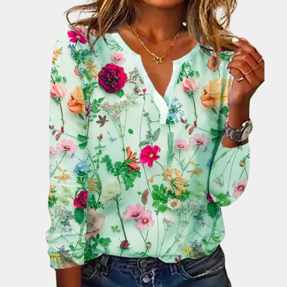 Floral V-neck blouse mint green front view