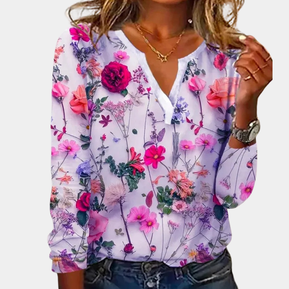 Floral V-neck blouse purple front view