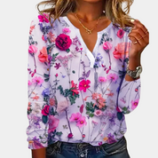 Floral V-neck blouse purple front view