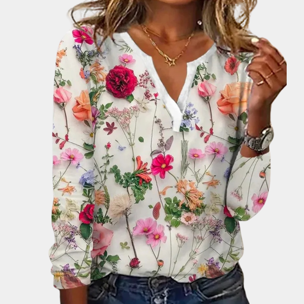 Floral V-neck blouse white front view