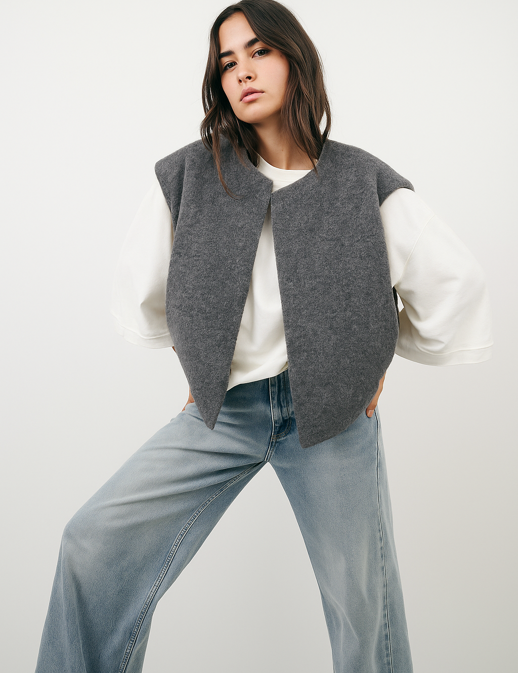 Vest dames grijs wolachtig stof front view