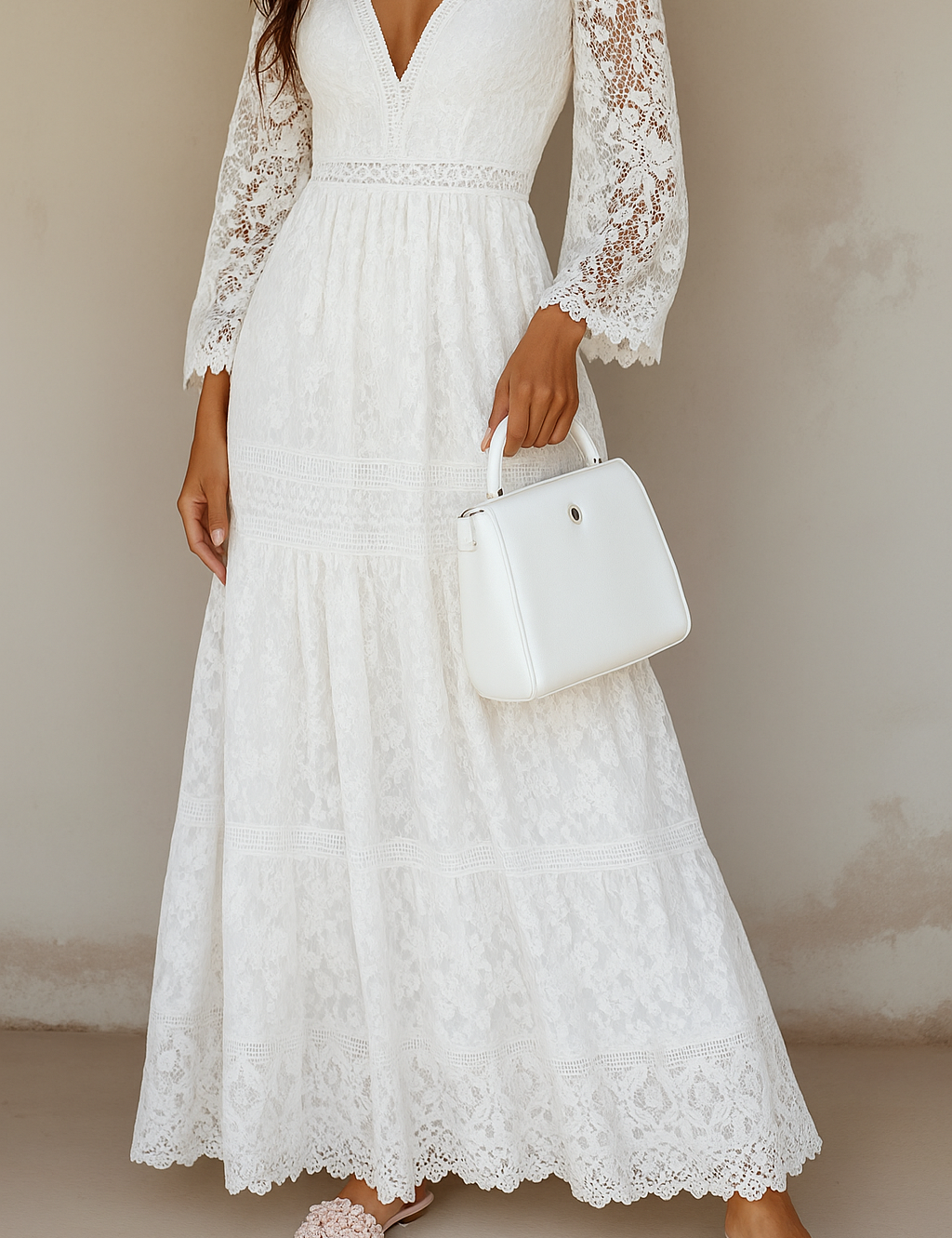 White lace maxi dress with bell sleeves and white handbag, side profile