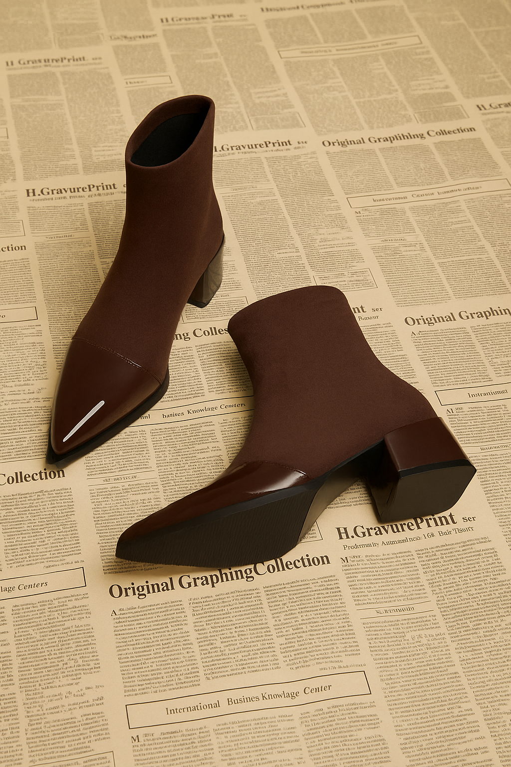 Brown ankle boots with pointed toe and block heel angled view