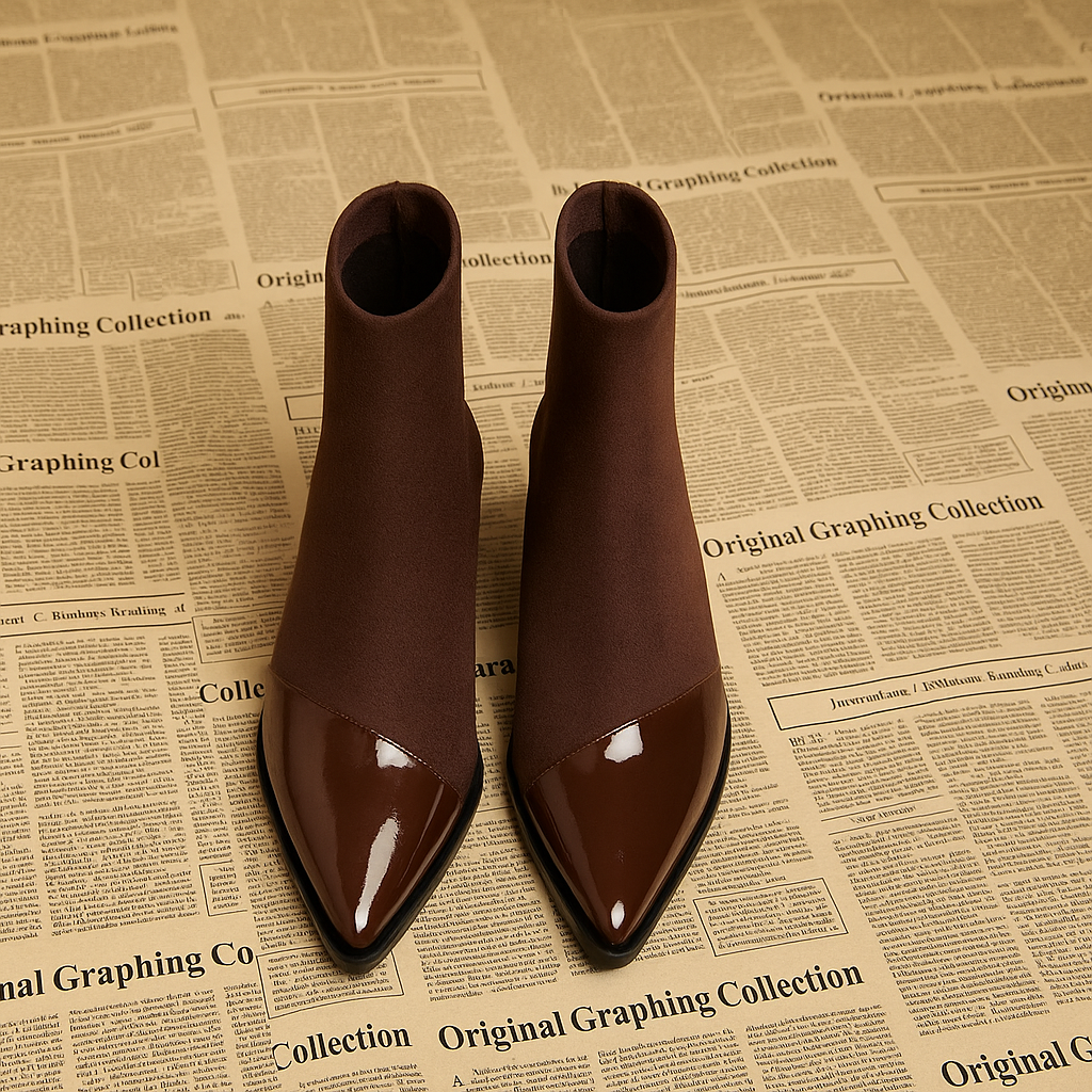 Brown ankle boots with pointed toe and block heel front view