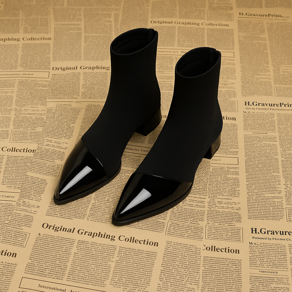 Black ankle boots with pointed toe and block heel front view