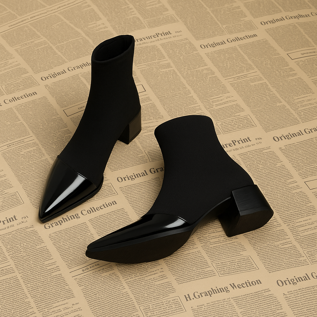 Black ankle boots with pointed toe and block heel angled view