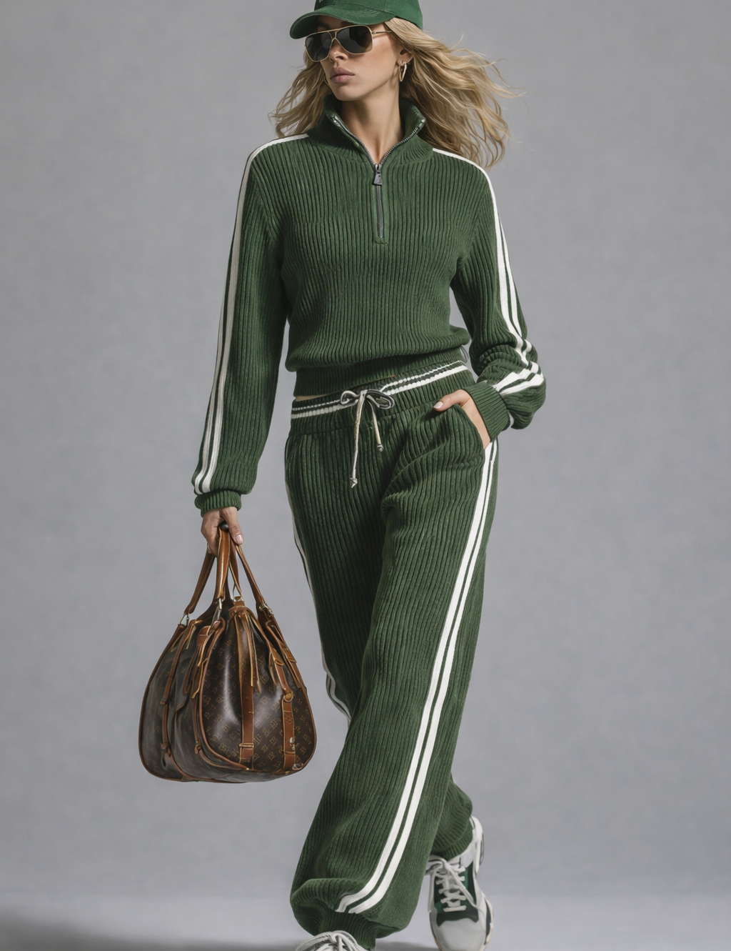 Kledingset dames groen met witte strepen zijprofiel