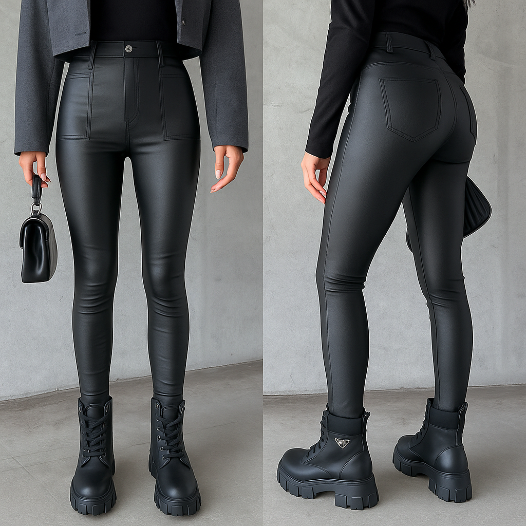 Faux leather leggings black shiny front and back views