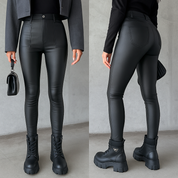 Faux leather leggings black shiny front and back views