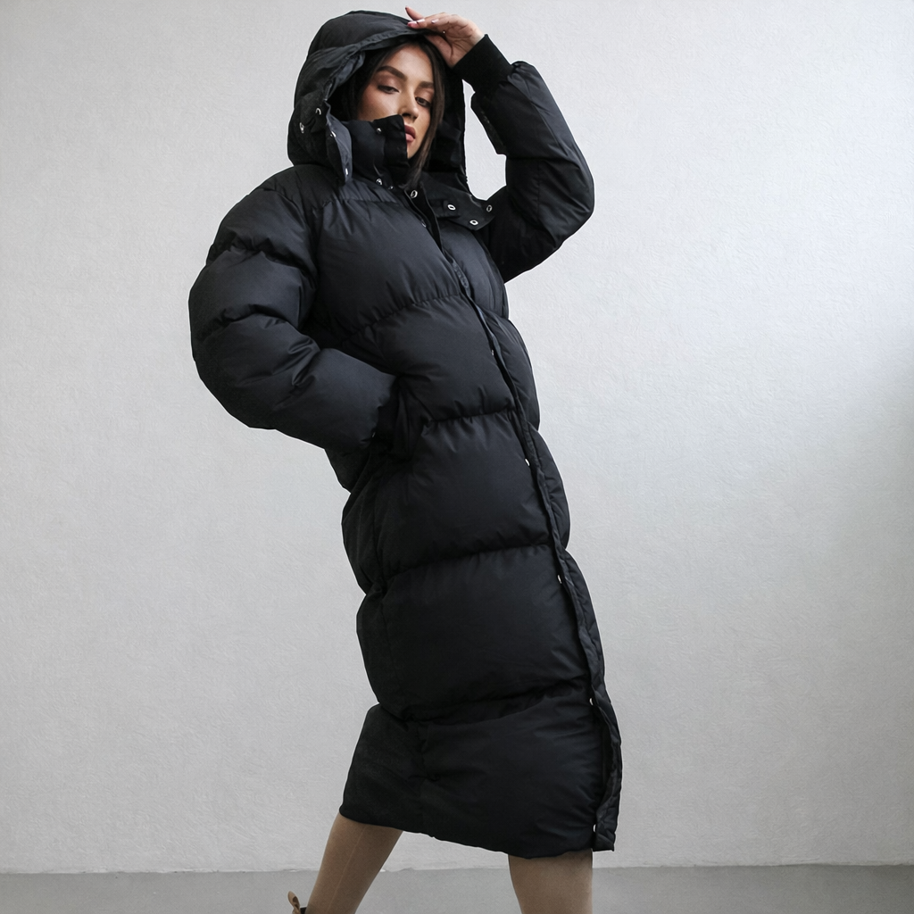 Black puffer jacket front view with hood