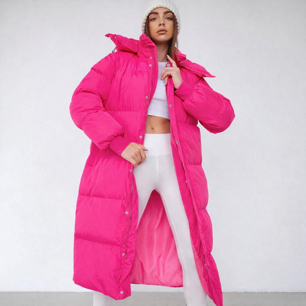 Pink puffer jacket front view