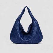 Dark blue woven hobo bag front view