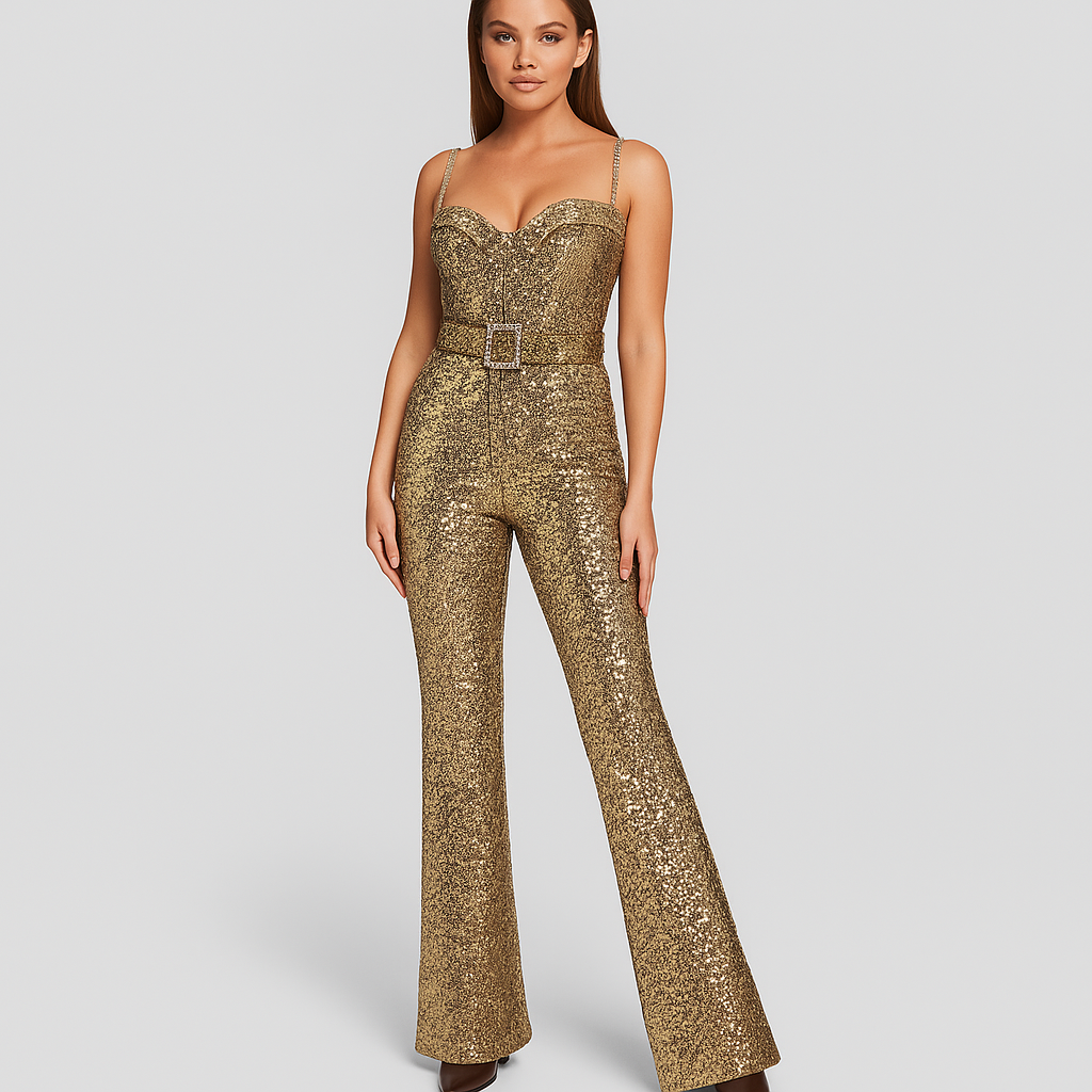 Gold sequin jumpsuit with flared pants front view