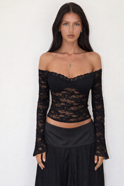 Off-the-shoulder lace top black studio front view