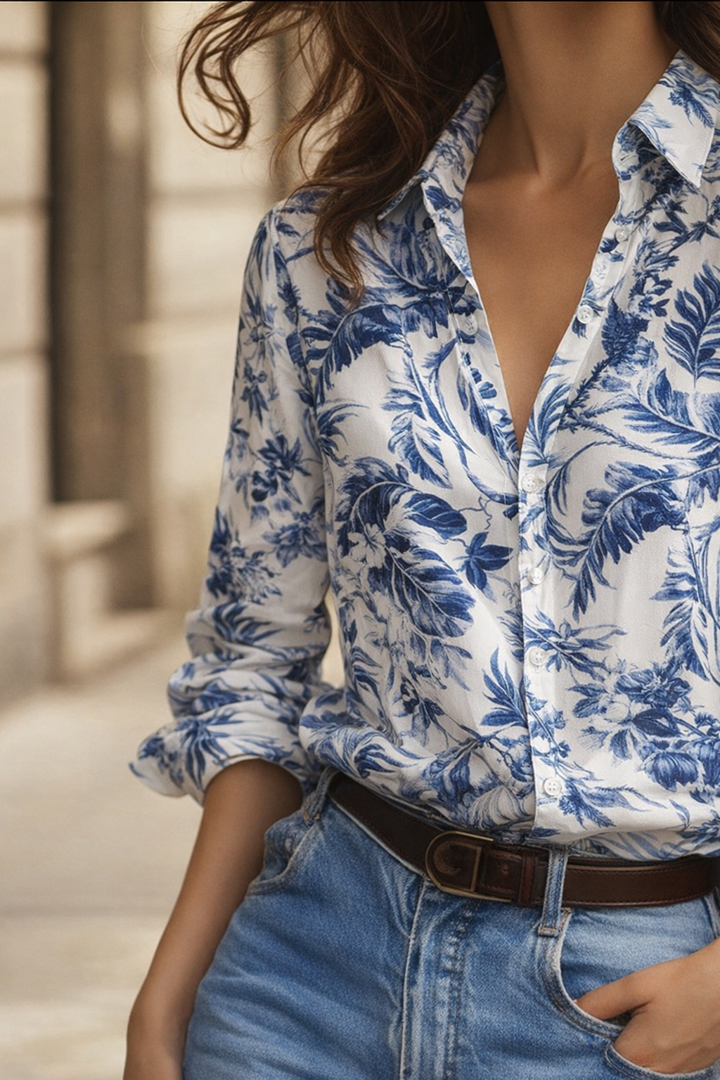 Botanical print blouse blue floral pattern close-up detail