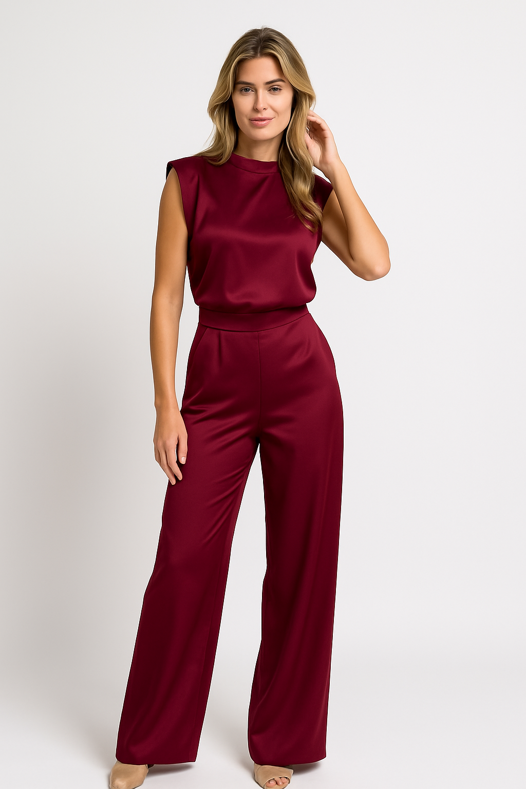 Burgundy jumpsuit with open back front view