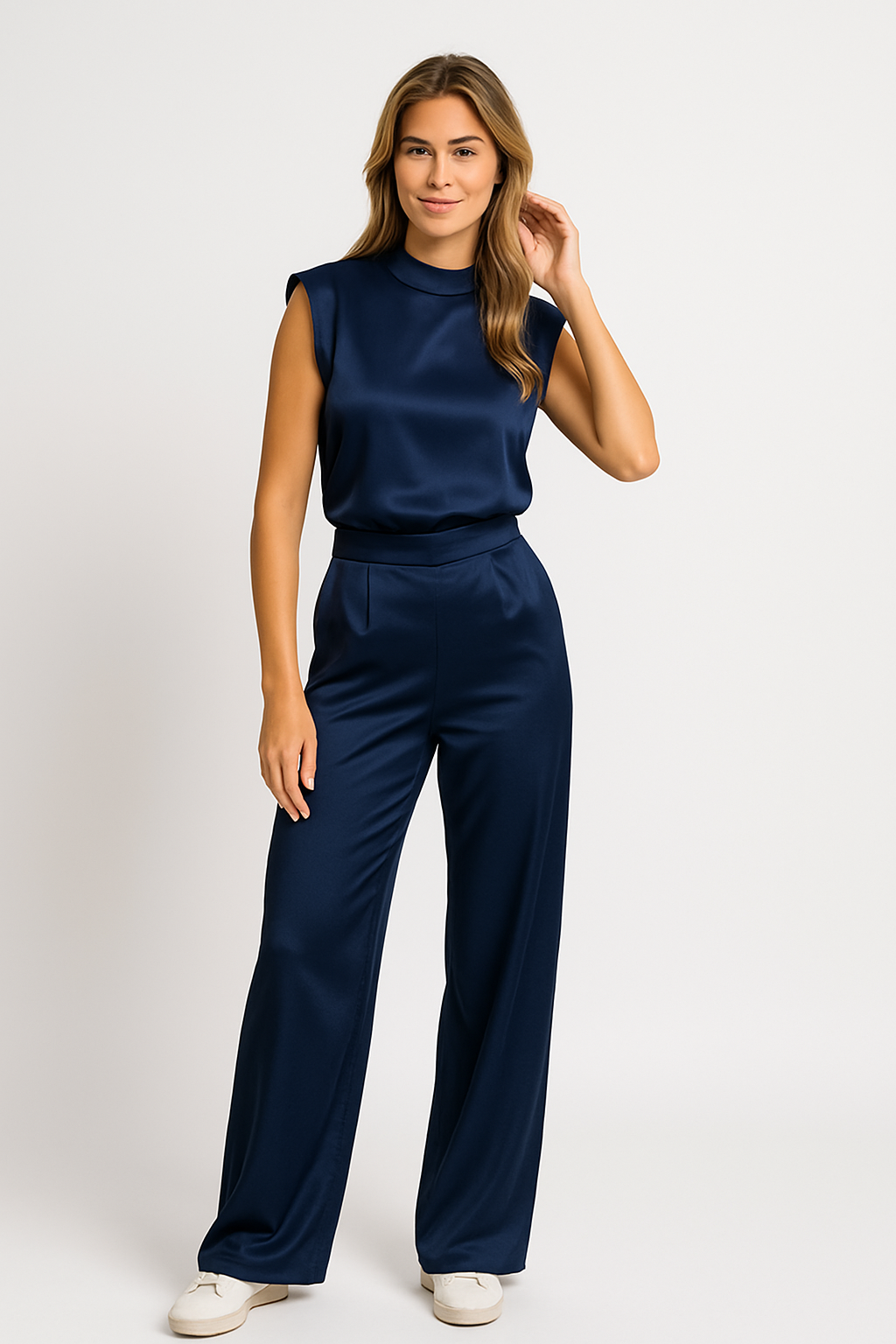 Navy jumpsuit with open back front view