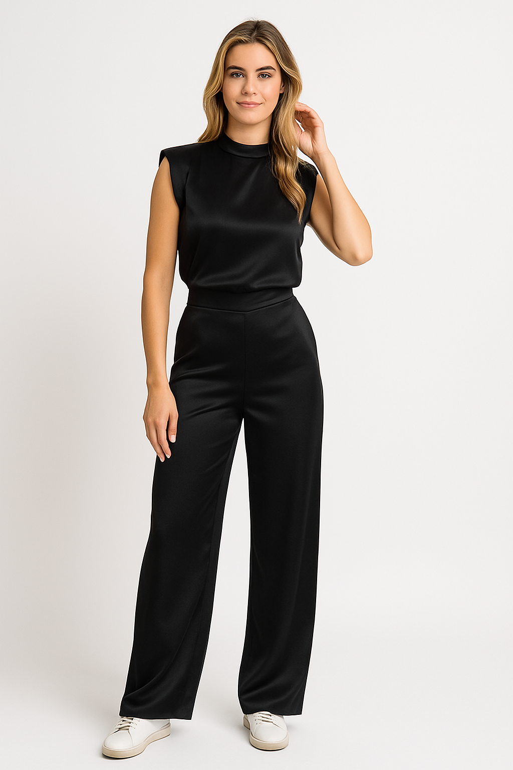 Beige jumpsuit with open back side view