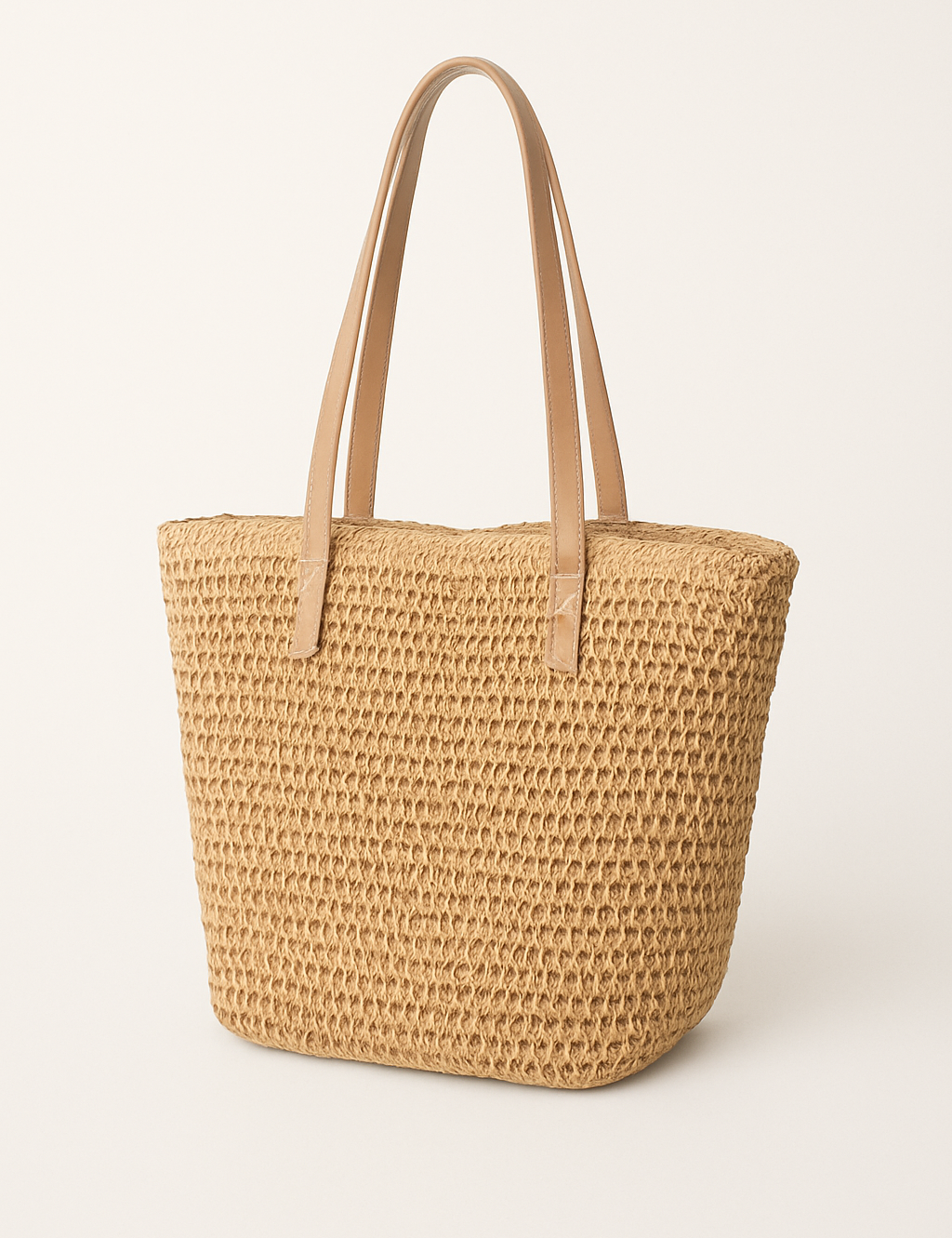 Woven straw tote bag beige front view