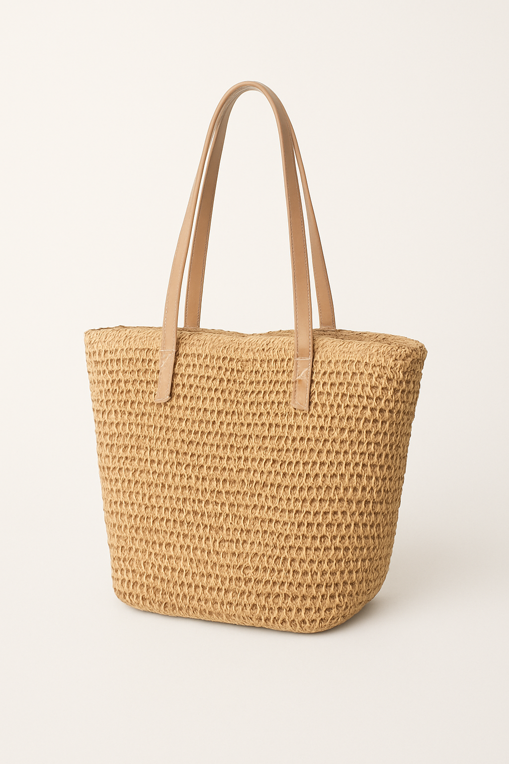 Woven straw tote bag beige front view
