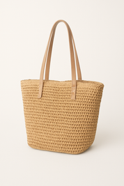 Woven straw tote bag beige front view