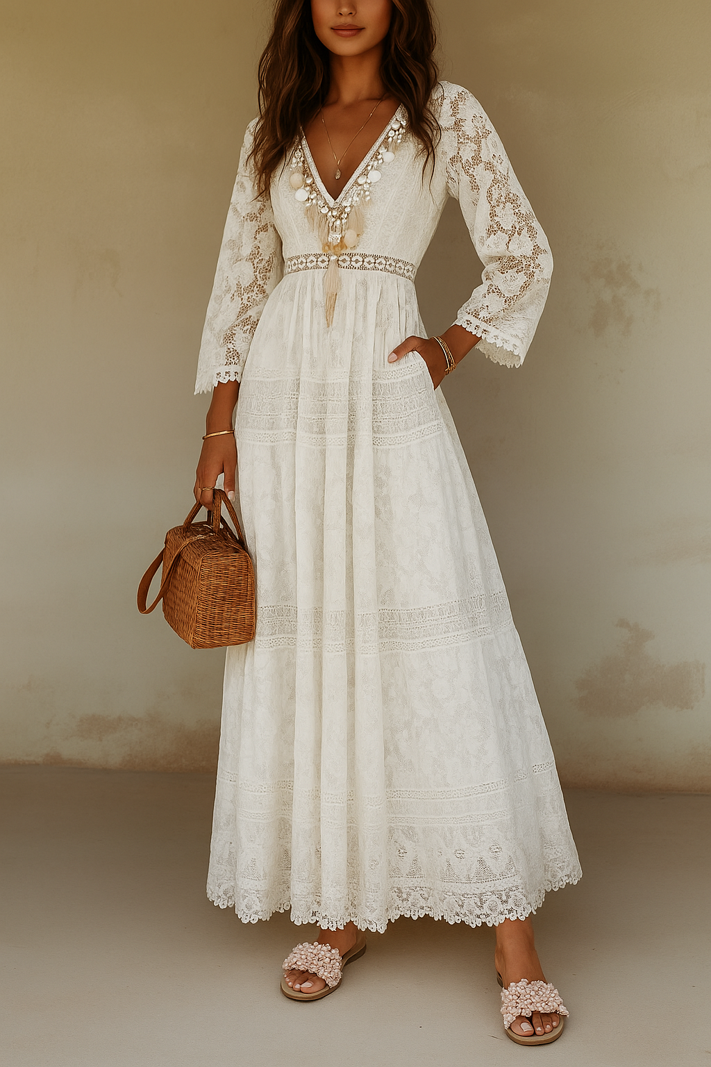 White lace maxi dress with bell sleeves and wicker handbag, front view