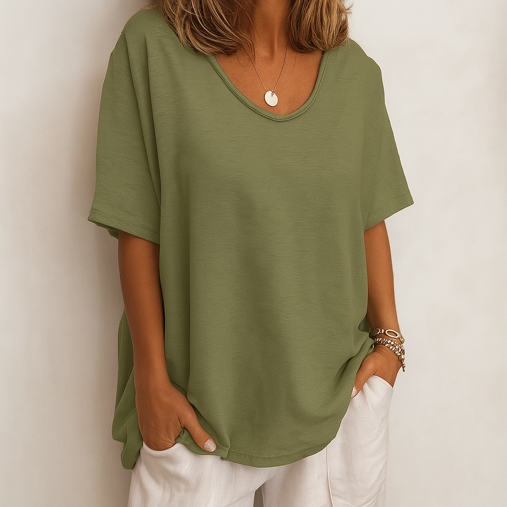 Linnen T-shirt groen met V-hals en korte mouwen front view