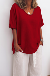 Rode linnen T-shirt met ronde hals en losse pasvorm front view