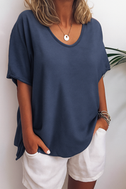 T-shirt blauw met ronde hals en losse fit vooraanzicht