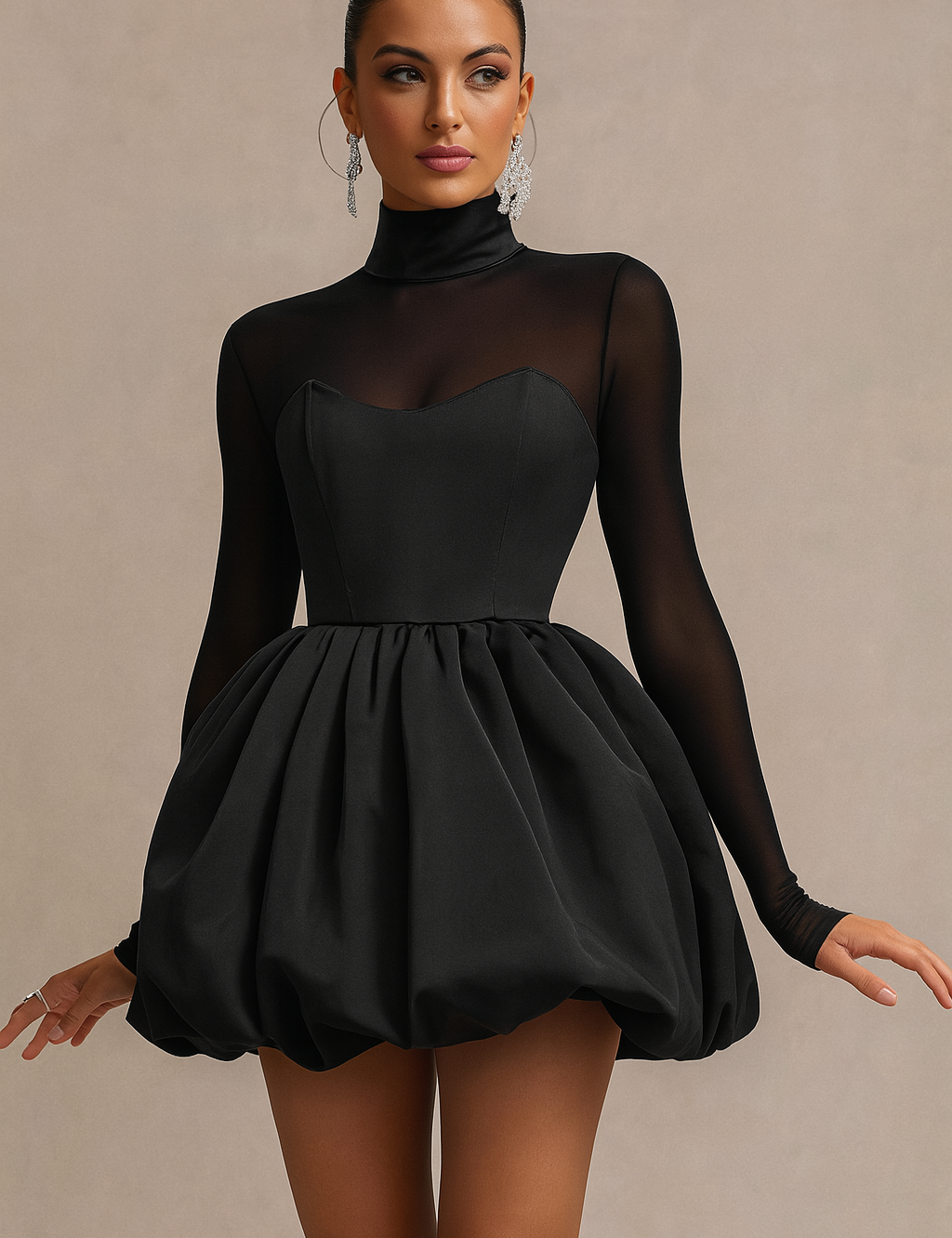 Mini-jurk zwart met pofrok en mesh mouwen front view