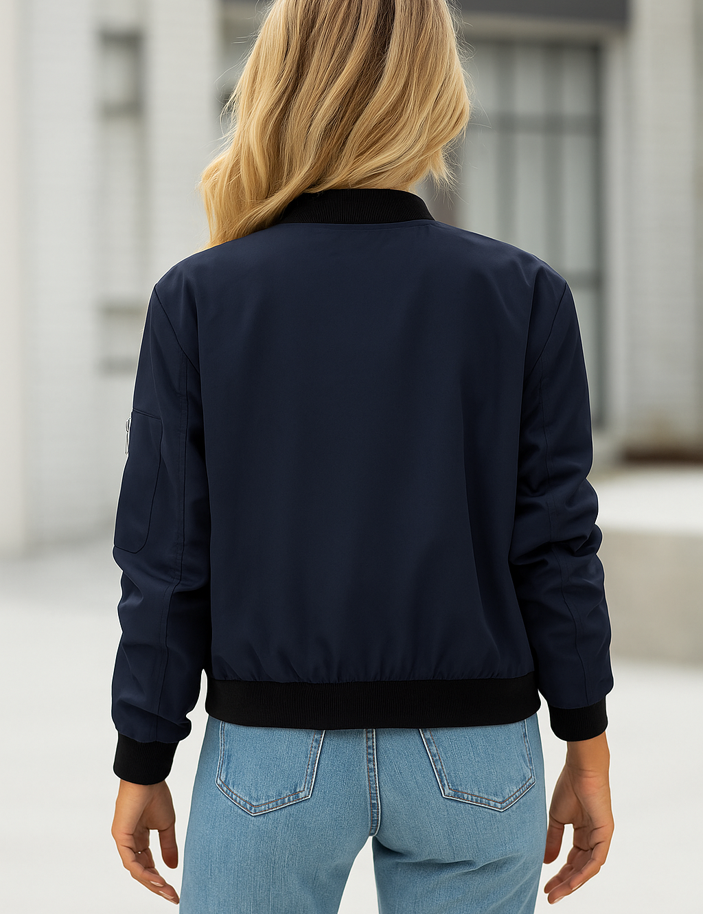 Navy bomber jacket with black trim back view