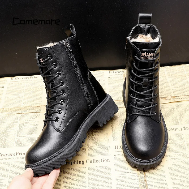 Leren winterlaarzen dames zwart met leren veter en warme voering detail shot